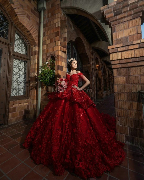 Off Shoulder Red Quinceanera Dresses Sweetheart Neck Ball Gown 15 Dress With 3D Flowers