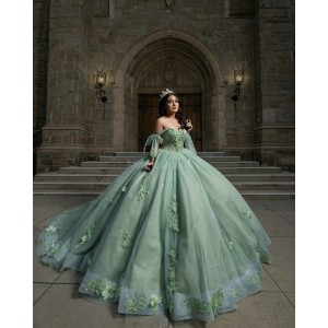 Off Shoulder Sage Green Quinceanera Dresses Sweetheart Neck Beading 15 Dress With 3D Flowers