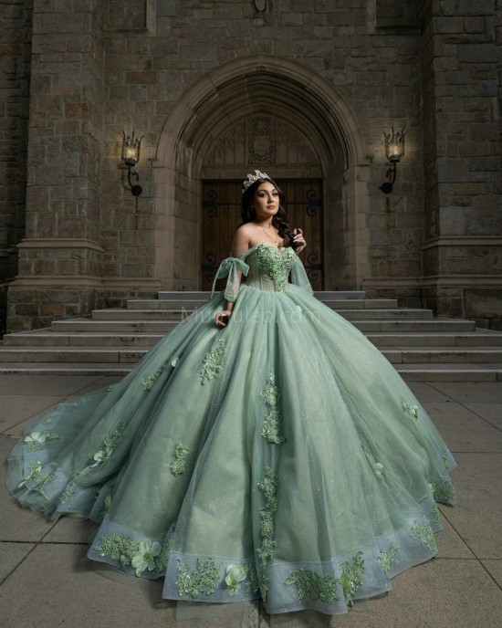 Off Shoulder Sage Green Quinceanera Dresses Sweetheart Neck Beading 15 Dress With 3D Flowers