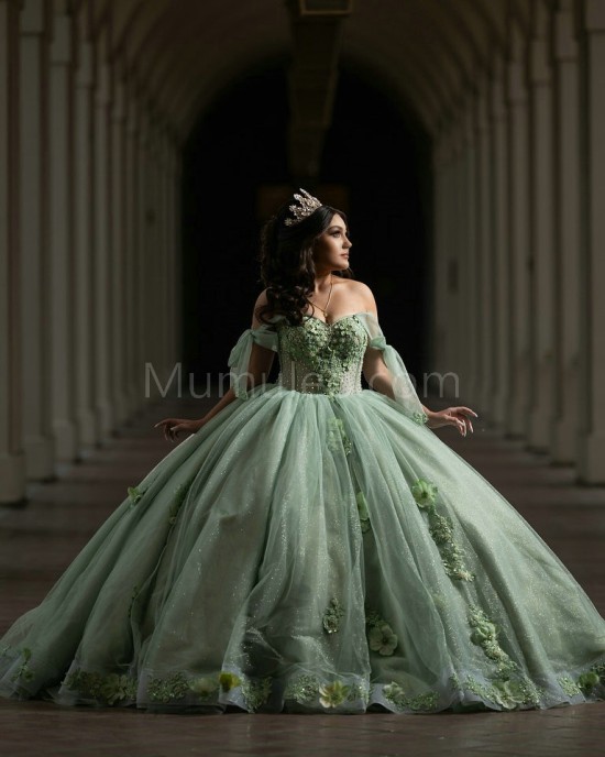 Off Shoulder Sage Green Quinceanera Dresses Sweetheart Neck Beading 15 Dress With 3D Flowers