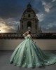 Off Shoulder Sage Green Quinceanera Dresses Sweetheart Neck Beading 15 Dress With 3D Flowers