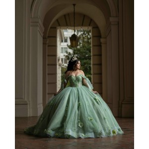 Off Shoulder Sage Green Quinceanera Dresses Sweetheart Neck Beading 15 Dress With 3D Flowers