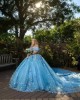 Off Shoulder Sky Blue Quinceanera Dresses Sweetheart Neck Lace Appliques 15 Dress