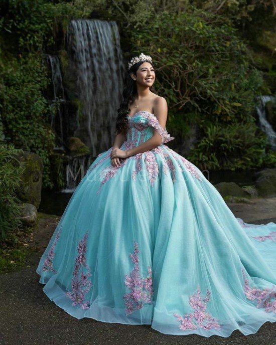 Off Shoulder Tiffany Blue Quinceanera Dresses Sweetheart Neck Lace Appliques 15 Dress