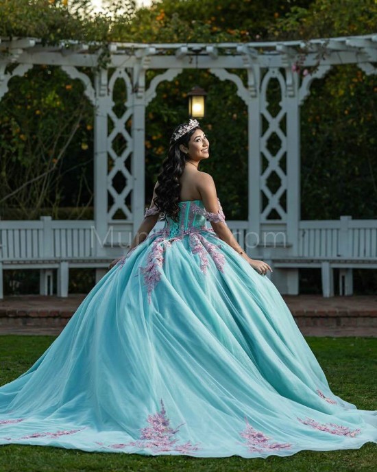 Off Shoulder Tiffany Blue Quinceanera Dresses Sweetheart Neck Lace Appliques 15 Dress