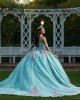 Off Shoulder Tiffany Blue Quinceanera Dresses Sweetheart Neck Lace Appliques 15 Dress