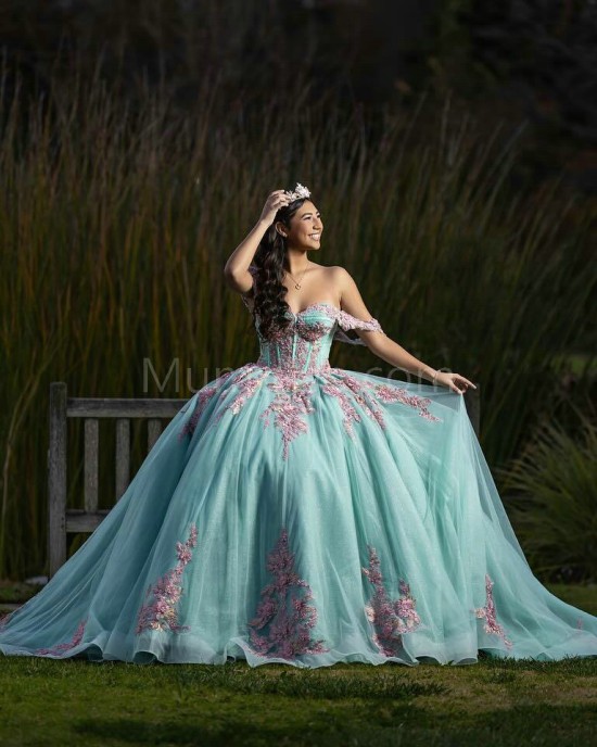 Off Shoulder Tiffany Blue Quinceanera Dresses Sweetheart Neck Lace Appliques 15 Dress