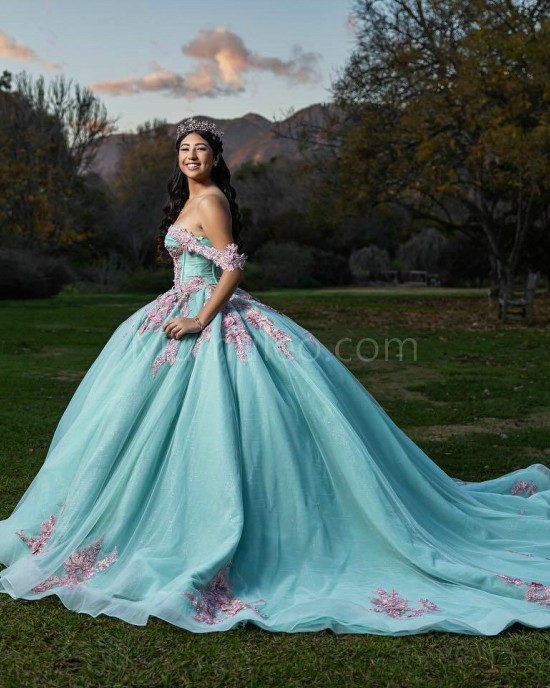 Off Shoulder Tiffany Blue Quinceanera Dresses Sweetheart Neck Lace Appliques 15 Dress