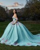 Off Shoulder Tiffany Blue Quinceanera Dresses Sweetheart Neck Lace Appliques 15 Dress