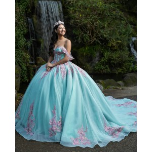 Off Shoulder Tiffany Blue Quinceanera Dresses Sweetheart Neck Lace Appliques 15 Dress