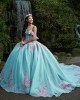 Off Shoulder Tiffany Blue Quinceanera Dresses Sweetheart Neck Lace Appliques 15 Dress