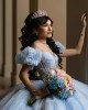 Puff Sleeve Sky Blue Quinceanera Dresses Sweetheart Neck Lace Appliques 15 Dress