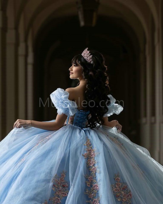 Puff Sleeve Sky Blue Quinceanera Dresses Sweetheart Neck Lace Appliques 15 Dress