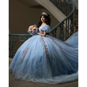 Puff Sleeve Sky Blue Quinceanera Dresses Sweetheart Neck Lace Appliques 15 Dress