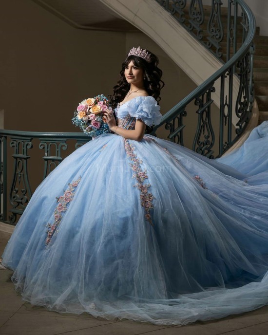 Puff Sleeve Sky Blue Quinceanera Dresses Sweetheart Neck Lace Appliques 15 Dress