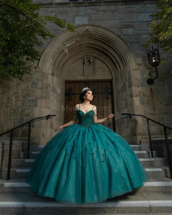 Sleeveless Emerald Green Quinceanera Dresses Lace Appliques V Neck 15 Dress