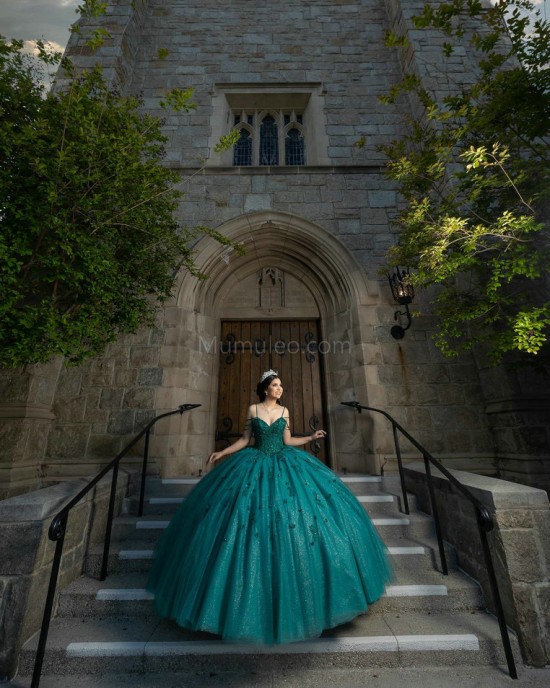 Sleeveless Emerald Green Quinceanera Dresses Lace Appliques V Neck 15 Dress