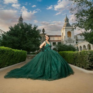 Sleeveless Emerald Green Quinceanera Dresses V Neck Lace Appliques 15 Dress