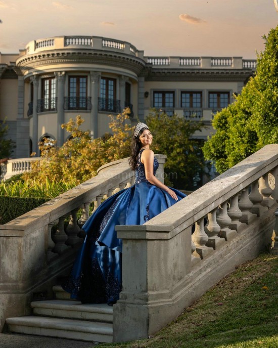 Sleeveless Navy Blue Quinceanera Dresses Scoop Neck Lace Appliques 15 Dress