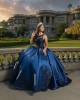 Sleeveless Navy Blue Quinceanera Dresses Scoop Neck Lace Appliques 15 Dress