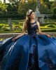 Sleeveless Navy Blue Quinceanera Dresses Scoop Neck Lace Appliques 15 Dress