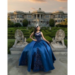 Sleeveless Navy Blue Quinceanera Dresses Scoop Neck Lace Appliques 15 Dress