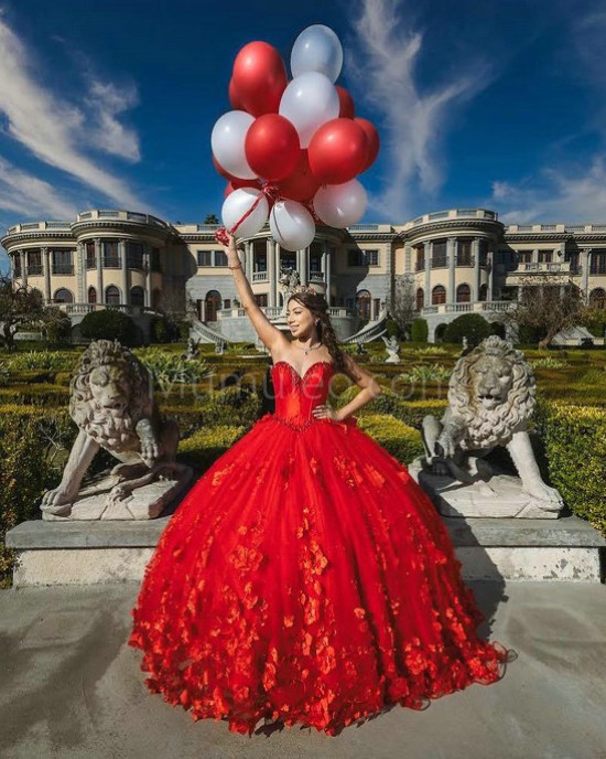 Sleeveless Red Quinceanera Dresses Sweetheart Neck 15 Dress With 3D Flowers