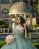 Sleeveless Sage Green Quinceanera Dresses Lace Appliques Square Collar 15 Dress