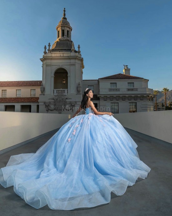 Sleeveless Sky Blue Quinceanera Dresses Sweetheart Neck Lace Appliques 15 Dress