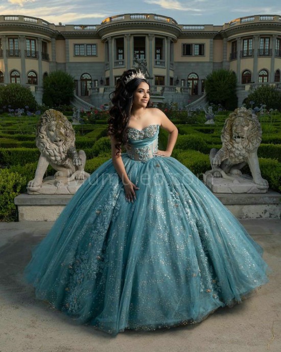 Sleeveless Verdigris Quinceanera Dresses Lace Appliques Sweetheart Neck 15 Dress