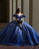 Spaghetti Strap Navy Blue Quinceanera Dresses Metallic Sequin V Neck 15 Dress