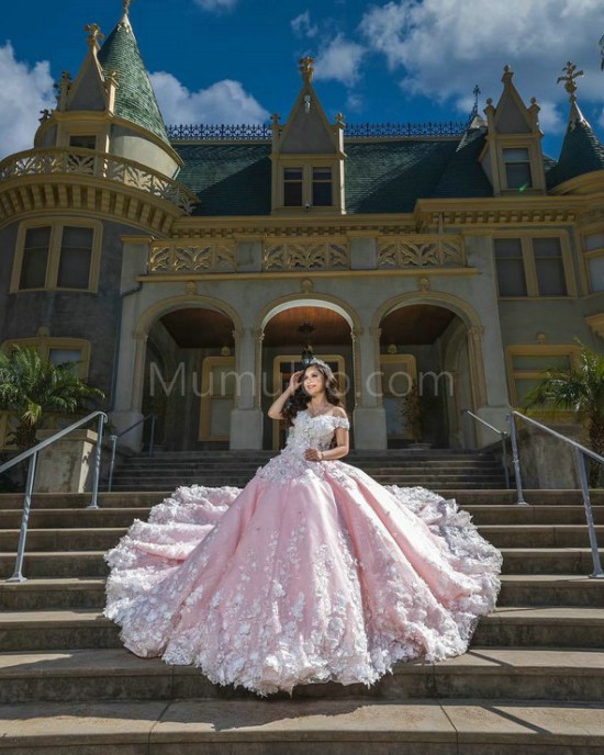 Sweetheart Neck Pink Quinceanera Dresses Off Shoulder 15 Dress With 3D Flowers