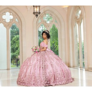 Off Shoulder Pink Quinceanera Dress Sweetheart Neck 3D Flowers 15 Dresses With Bow