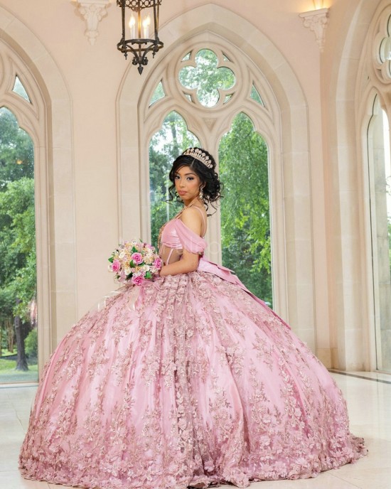 Off Shoulder Pink Quinceanera Dress Sweetheart Neck 3D Flowers 15 Dresses With Bow