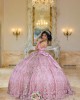 Off Shoulder Pink Quinceanera Dress Sweetheart Neck 3D Flowers 15 Dresses With Bow