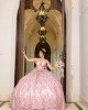 Off Shoulder Pink Quinceanera Dress Sweetheart Neck 3D Flowers 15 Dresses With Bow