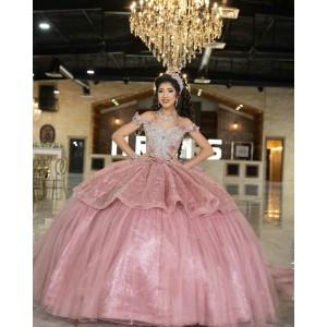 Off Shoulder Pink Quinceanera Dress Sweetheart Neck Lace Appliques 15 Dresses With Bow