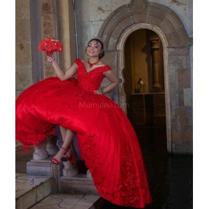 Off Shoulder Red Quinceanera Dress Lace Appliques Sequin V Neck 15 Dresses