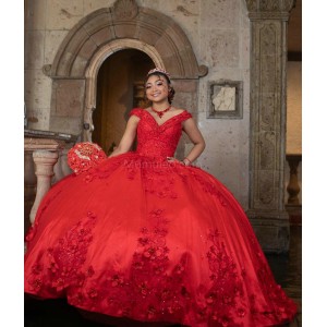 Off Shoulder Red Quinceanera Dress Lace Appliques Sequin V Neck 15 Dresses