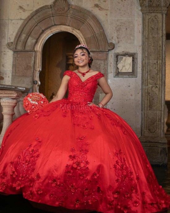 Off Shoulder Red Quinceanera Dress Lace Appliques Sequin V Neck 15 Dresses