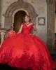 Off Shoulder Red Quinceanera Dress Lace Appliques Sequin V Neck 15 Dresses