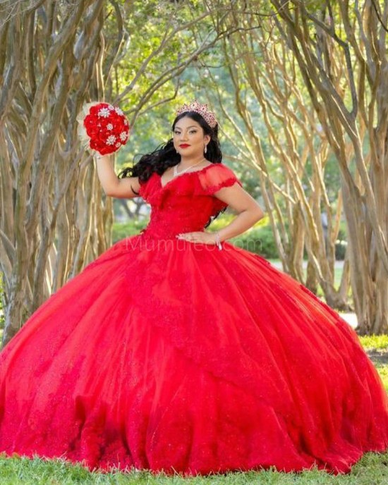 Off Shoulder Red Quinceanera Dress Lace Appliques Sweetheart Neck 15 Dresses