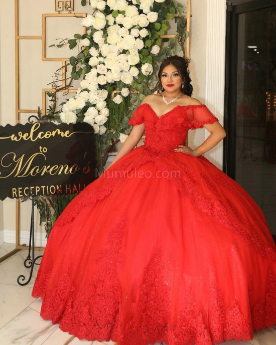 Off Shoulder Red Quinceanera Dress Lace Appliques Sweetheart Neck 15 Dresses