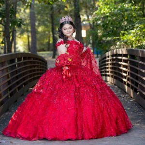 Off Shoulder Red Quinceanera Dress Metallic Sequin 15 Dresses WIth 3D Flowers