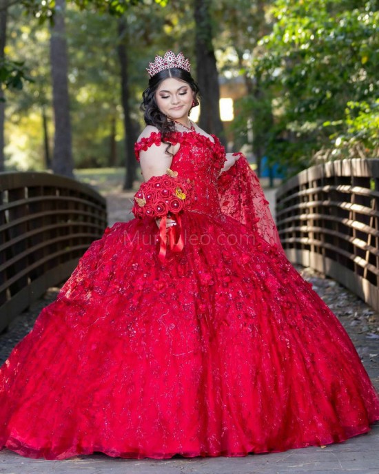 Off Shoulder Red Quinceanera Dress Metallic Sequin 15 Dresses WIth 3D Flowers