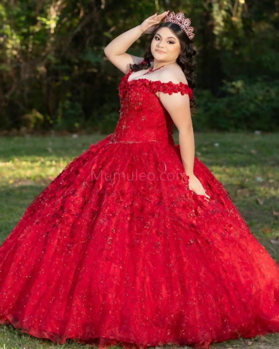 Off Shoulder Red Quinceanera Dress Metallic Sequin 15 Dresses WIth 3D Flowers