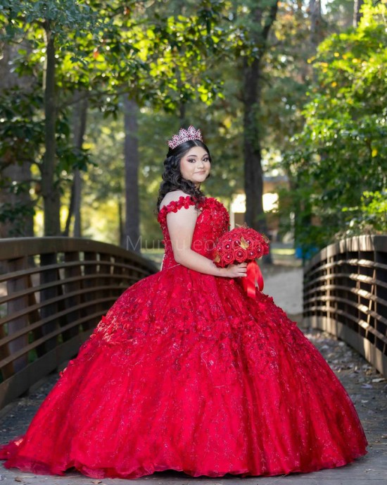 Off Shoulder Red Quinceanera Dress Metallic Sequin 15 Dresses WIth 3D Flowers