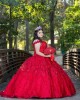 Off Shoulder Red Quinceanera Dress Metallic Sequin 15 Dresses WIth 3D Flowers