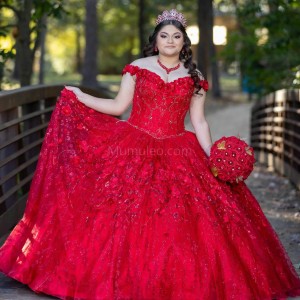 Off Shoulder Red Quinceanera Dress Metallic Sequin 15 Dresses WIth 3D Flowers