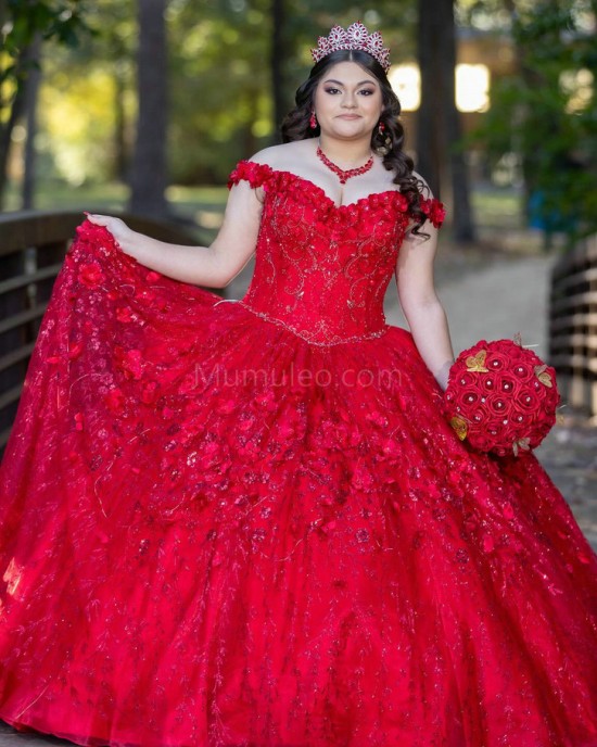 Off Shoulder Red Quinceanera Dress Metallic Sequin 15 Dresses WIth 3D Flowers